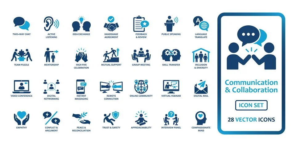Communication and Collaboration solid icon set containing 28 vector icons f.. Illustration