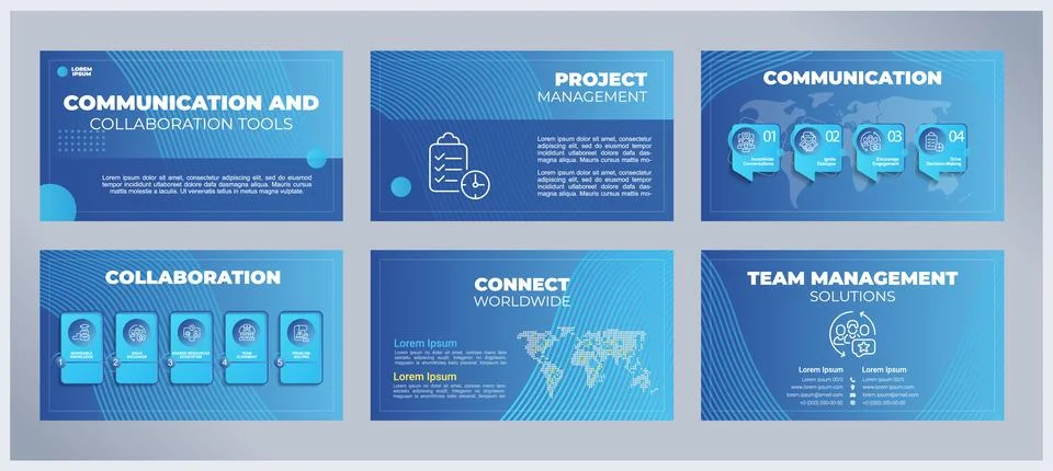 Communication and collaboration tools presentation templates set Illustrazione stock