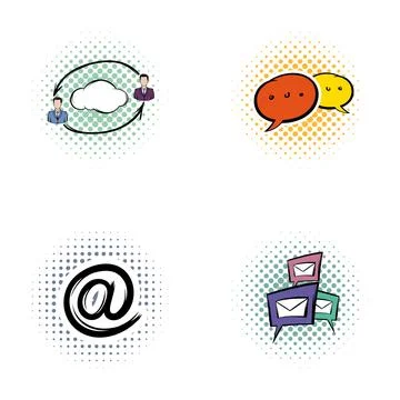 Communication and data exchange icons pop art style Stock Illustration