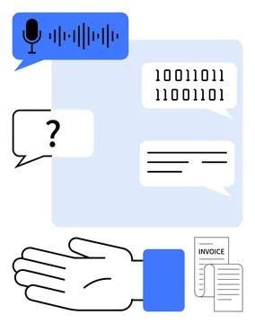 Communication and Data Exchange Visuals Including Voice, Text, and Hand Ges.. Stock Illustration