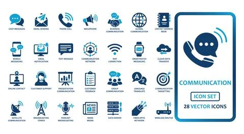 Communication and technology icon set for business and digital connectivity.. Stock Illustration