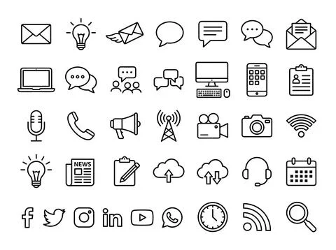 Communication and technology icons set with social media logos, email, lapt.. Stock Illustration