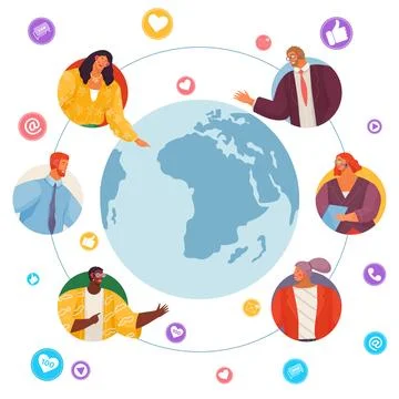 Communication between different people around world by video conference, at Stock Illustration