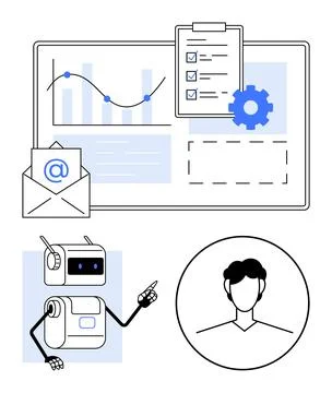 Communication Between Humans and AI Graphs, Emails, Robots and People Stock Illustration