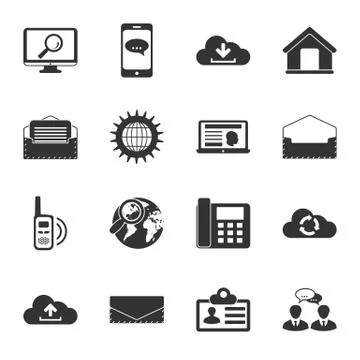 Communication black and white flat icons set Stock Illustration