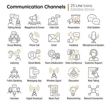 Communication Channels Line Icons Set: Talking Heads, Megaphone Crowd, Vide.. Stock Illustration