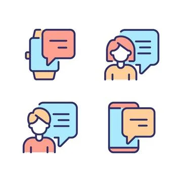 Communication with chat bubbles via gadgets pixel perfect RGB color icons set Ilustração Stock