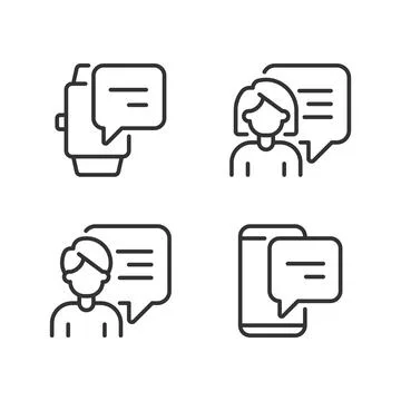 Communication with chat bubbles via gadgets pixel perfect linear icons set Stock Illustration