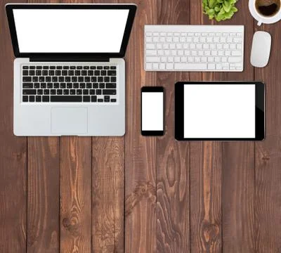 Communication computer device technology on top view, mock-up phone and table Stock Photos