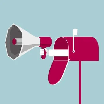 Communication concept design, Hand with megaphone sticking out from letter box. Stock Illustration
