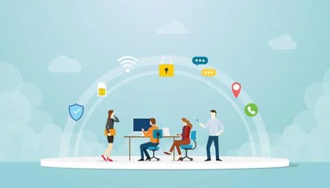 Communication concept with various people use laptop smartphone gadget app wi Stock Illustration