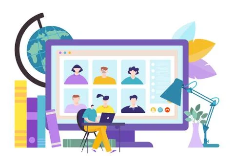 Communication by conference online at computer screen vector illustration Illustrazione stock