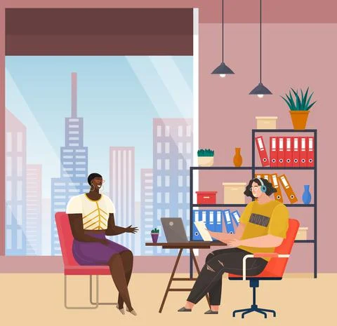 Communication, conversation at workplace. Colleagues communicate. People discuss Stock Illustration