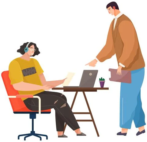Communication, conversation at workplace. Colleagues communicate. People discuss Stock Illustration