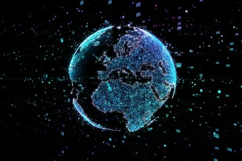 Communication in digital network. Earth Globe. 3d illustration. Illustrazione stock