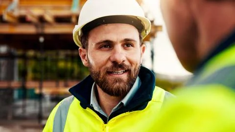 Communication, engineering and men on construction site for building, planning Stock Photos