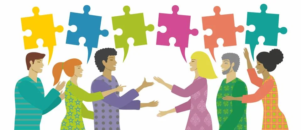 Communication, group of people with speech bubbles, looking like jigsaw pieces Stock Illustration