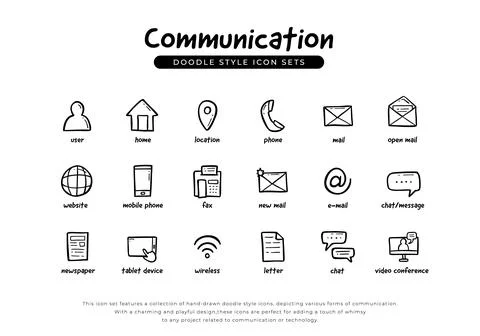 Communication icon set doodle style include with email, phone, chat, video .. Illustrazione stock