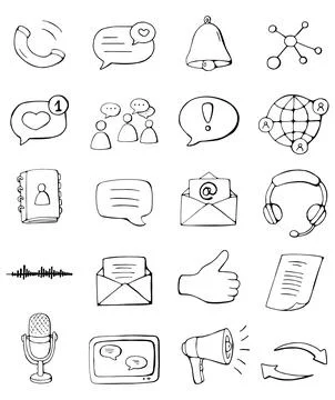 Communication icons set doodle style phone chat notification message social.. Stock Illustration