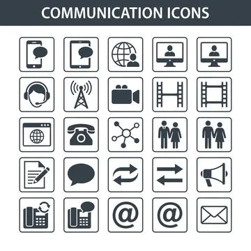 Communication icons set featuring mobile phones, tablets, globe, computers,.. Stock Illustration