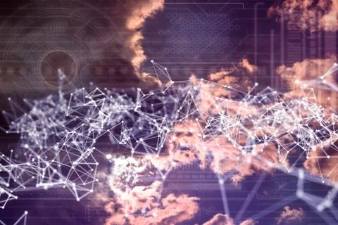 Communication lines network against the sky, web network connections 写真素材