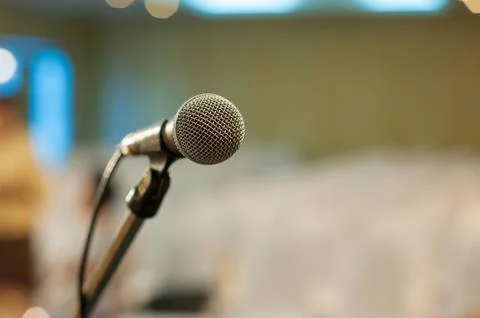 Communication microphone on stage against a background of auditorium Concert Stock Photos