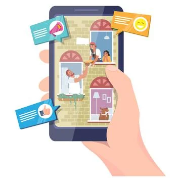 Communication with neighbors online, flat vector illustration. Neighbor home Stock Illustration