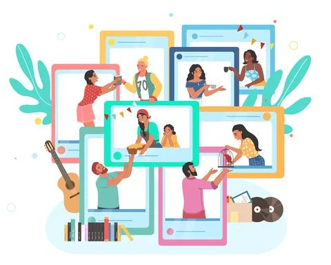 Communication with neighbors online, flat vector illustration. Neighbor home Stock Illustration