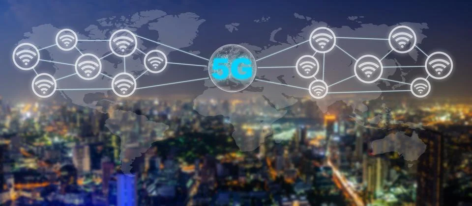 Communication network concept 5G and internet of things with smart city on .. Stock Photos