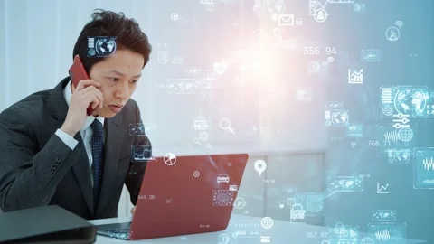Communication network concept. Smart office. GUI (Graphical User Interface). Stock Footage 139897827