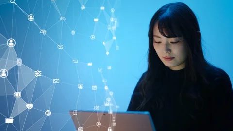Communication network concept. Young asian woman in the office. Stock Footage 122619630