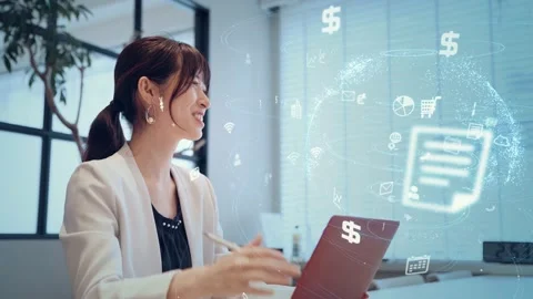 Communication network concept. Young asian woman in the office. Stock Footage 142334774