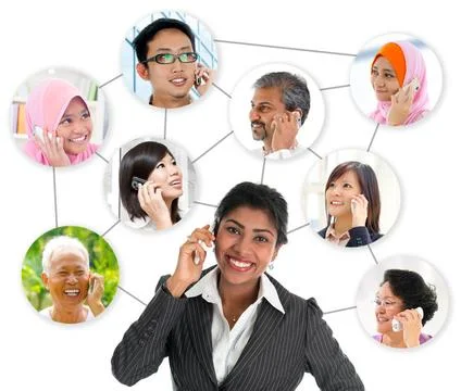 Communication network connection People talking on the phone. Collage made... Photos