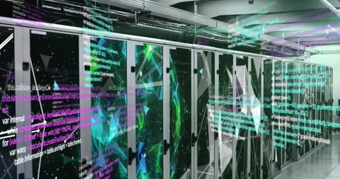Communication networks and data processing over computer server room Video stock 328154891