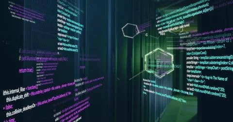 Communication networks and data processing over dark computer server room Stock Photos