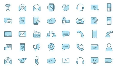 Communication outline vector icons in two colors isolated on white. Stock Illustration