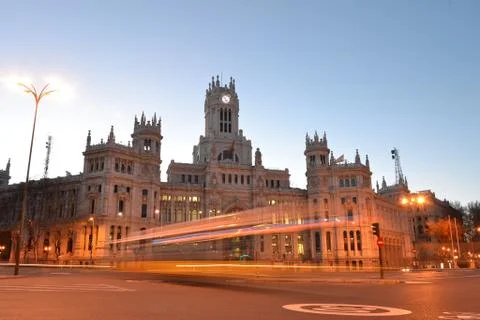 Communication palace with rays of car lights, madrid, spain Stock Photos