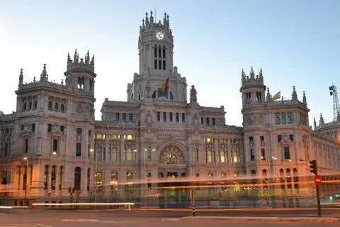Communication palace with rays of car lights, madrid, spain Stock Photos