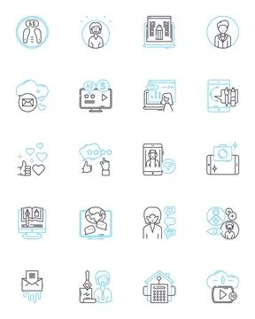 Communication plan linear icons set. Strategy, Messaging, Channels, Objectives Stock Illustration