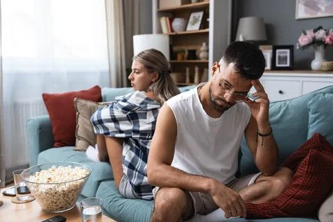 Communication problems, relationship difficulties. Young couple man and wom.. Stock Photos