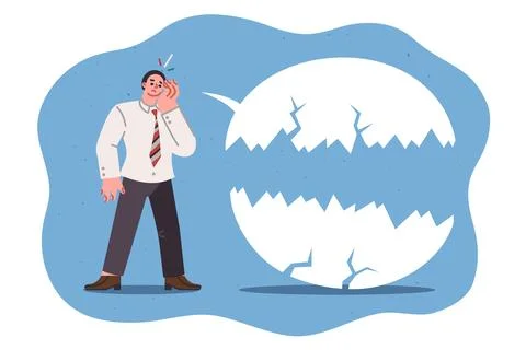 Communication problems of sad business man standing near destroyed speaking Illustrazione stock