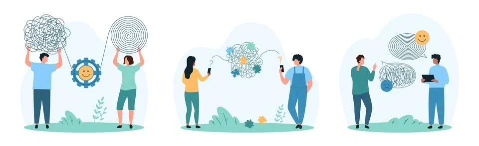 Communication problems solving, psychology set, tiny people with Illustrazione stock