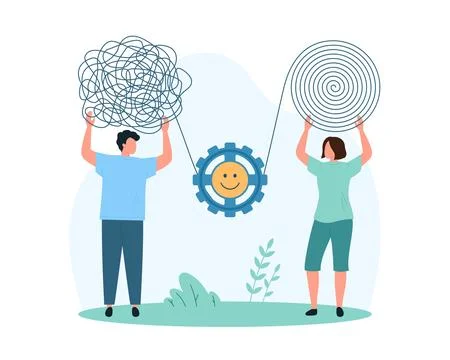 Communication problems solving, tiny two people transform chaos of threads into 스톡 일러스트