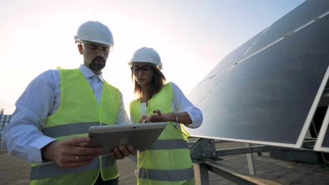 Communication process of two energetics experts. Green energy concept. Video stock 98134523