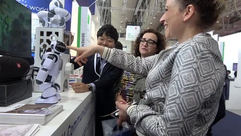 Communication programmable humanoid robot on exhibition Cebit 2017 in Hannover Stock Footage 74573191