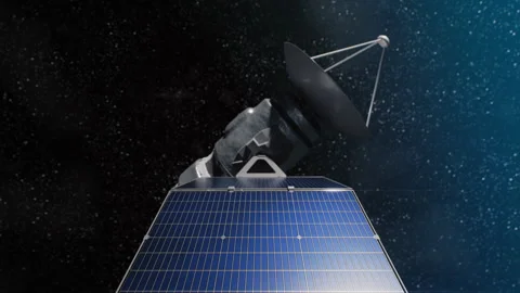Communication satellite deploying solar panels in outer space Stock Footage 318226012