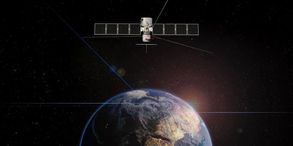 Communication satellite floating in space with a globe in the background tran 스톡 일러스트