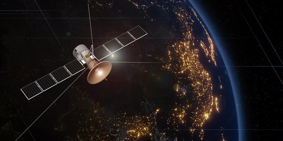 Communication satellite floating in space with a globe in the background tran Stock Illustration