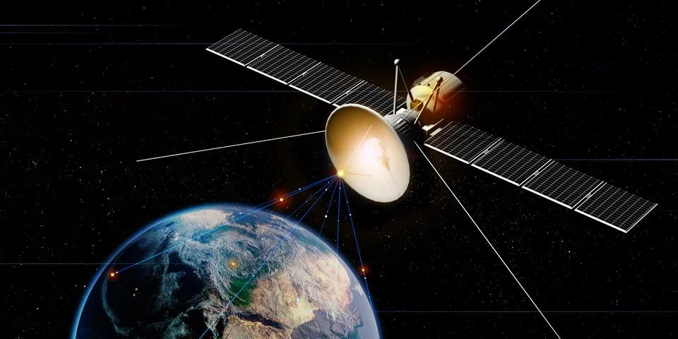 Communication satellite floating in space with a globe in the background tran Stock Illustration