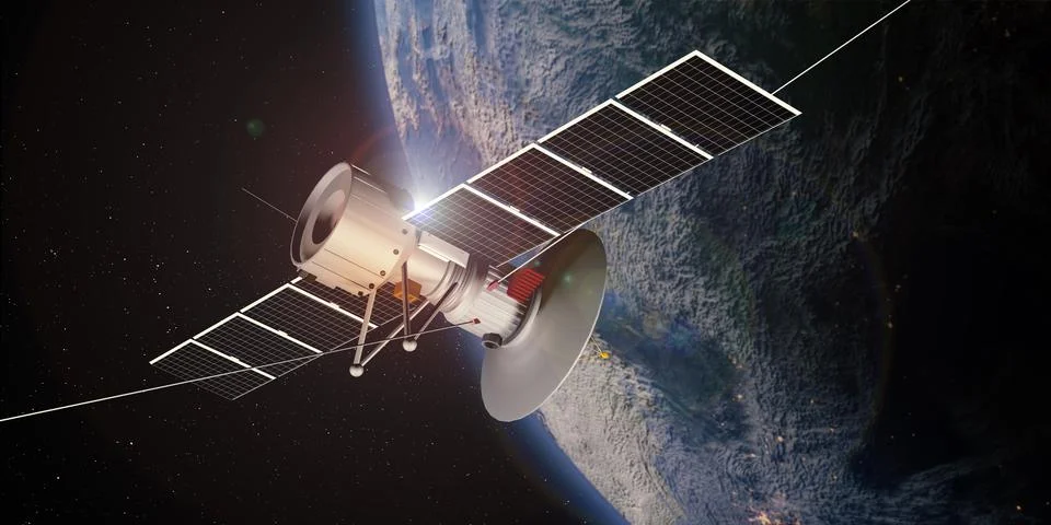 Communication satellite floating in space with a globe in the background tran 스톡 일러스트